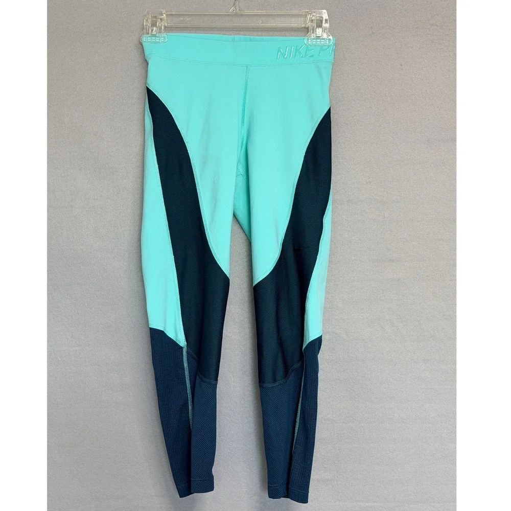 Nike Pro Hypercool Leggings Womens Size S Mint Navy Colorblock Mesh Activewear